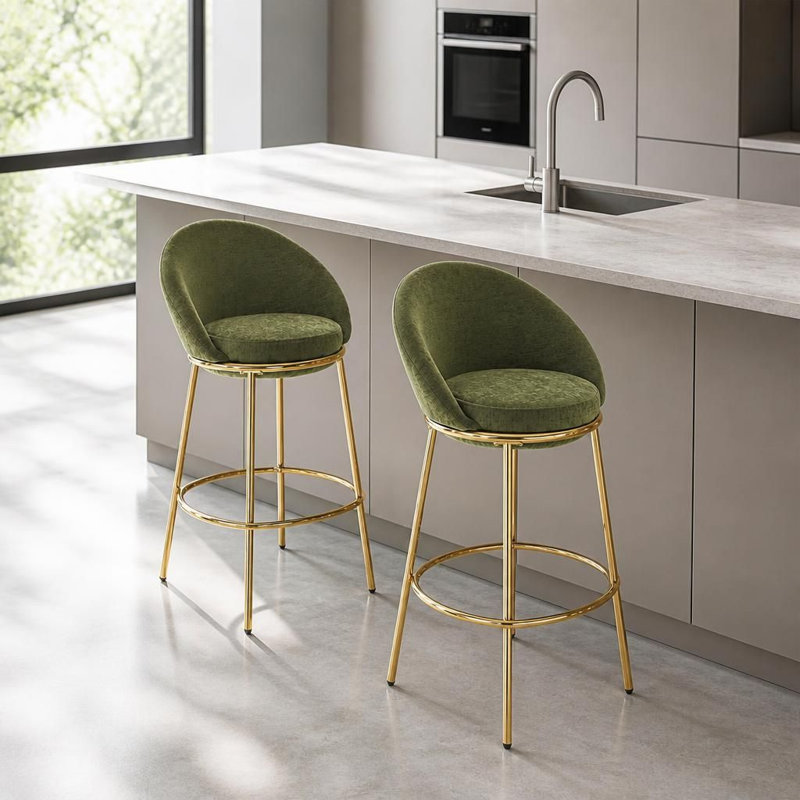 Ensemble de 2 tabourets de bar rembourrés de luxe moderne avec pieds en métal poli et sièges ergonomiques pour l'intérieur