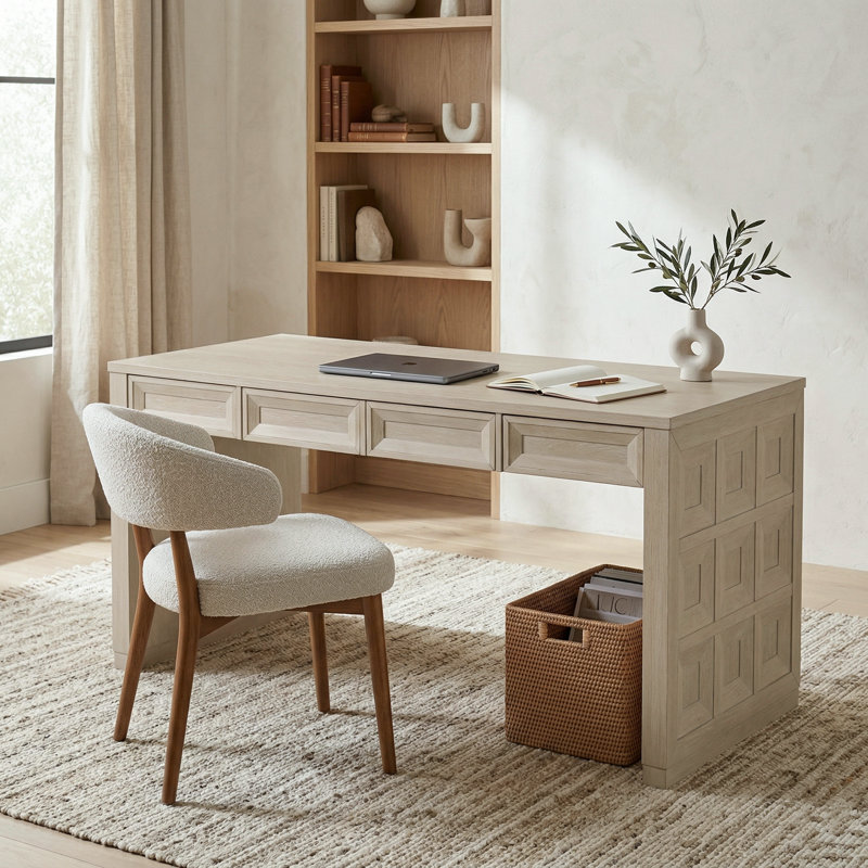 Schell 60''W Writing Desk With Storage Drawers And Keyboard Tray, Beige