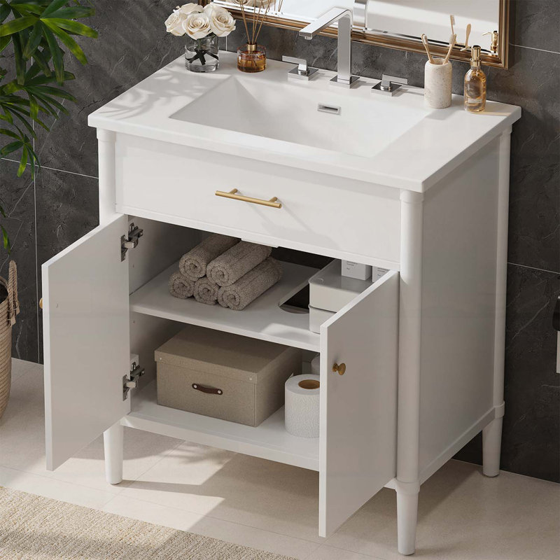 Meuble-lavabo 31 po avec lavabo, portes à fermeture douce, tablette ajustable, pieds courbés, Blanc