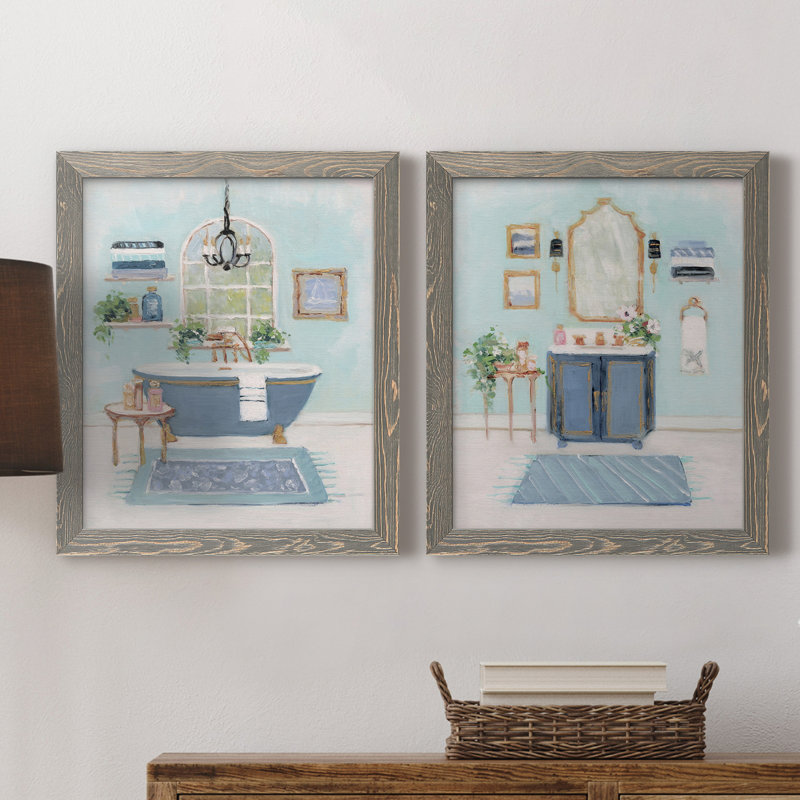 «Blue Bath I», peinture sur toile 2 pièces, H 31,5 po x l 23,5 po x P 1 po, Cadre gris