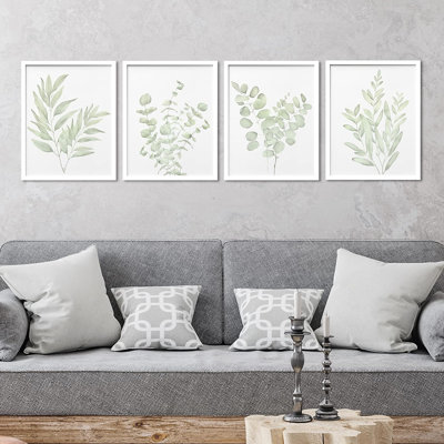 Minimal Botanical " IDEA4WALL Framed Pastel Watercolor Green Plants Wall Art, Set Of 4 Nature Wilderness Wall Decor Prints, Botanical Floral Wall Decor For Living Room, Bedroom " 4 - Pieces