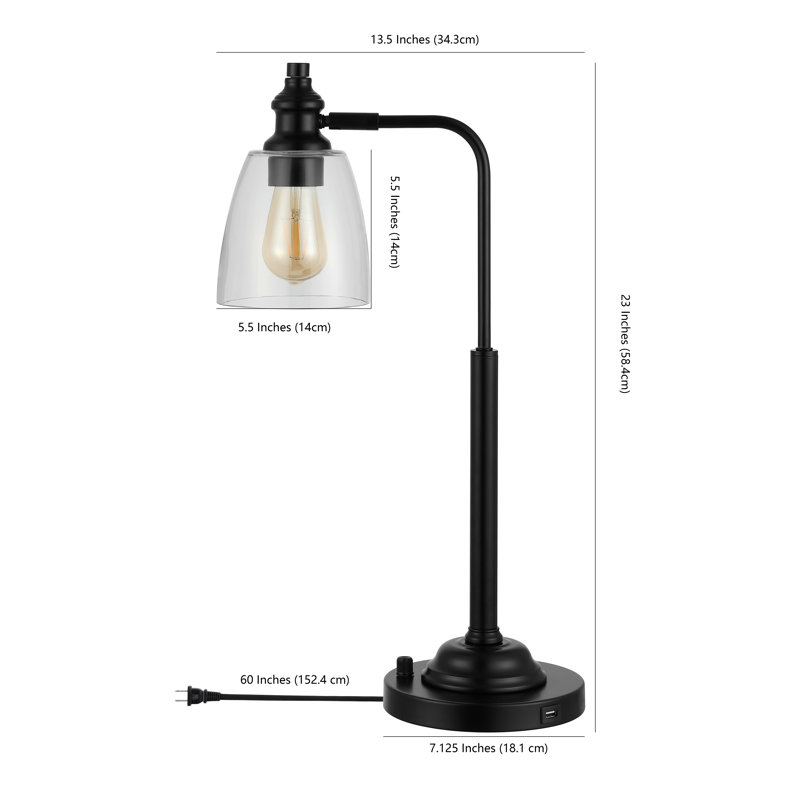 RINO, 23 po, noir, lampe de table en métal avec port USB