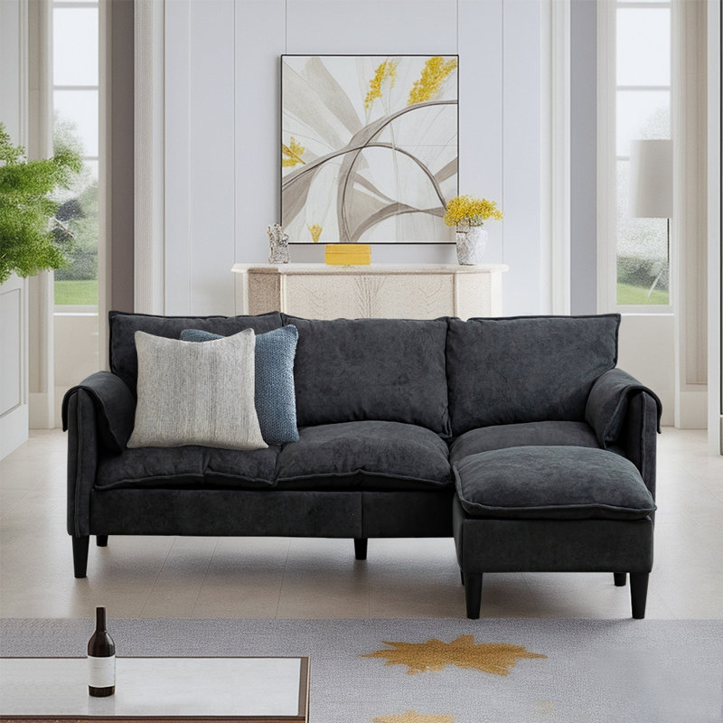 Canapé convertible en L avec repose-pieds et rangement, Tissu gris