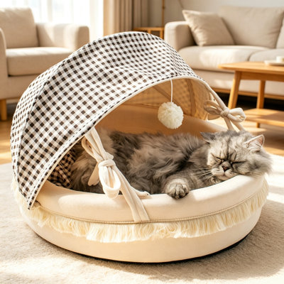 Two-in-one convertible cat bed and bed, detachable cave pet bed with hanging plush toys, double-sided washable cushion, fringed lace enclosed cat house bed, suitable for small and medium-sized cats