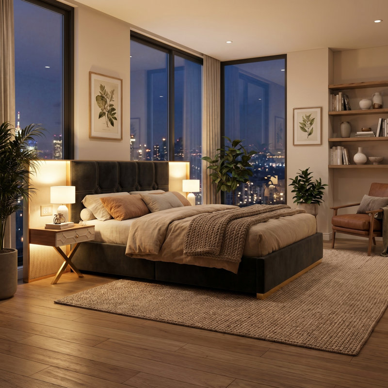 Base de lit plateforme moderne avec tête de lit en velours luxueux, lampes de chevet à DEL intégrées et tables de chevet flottantes