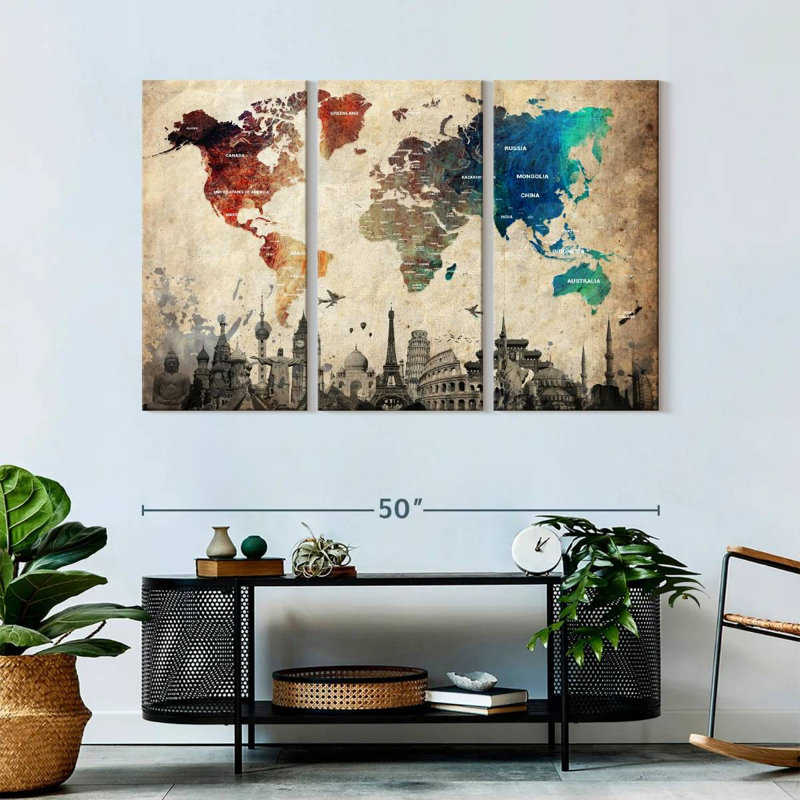 Abalone coloré, ensemble de 3 cartes du monde sur toile, H 32 po x l 50 po x P 1,25 po