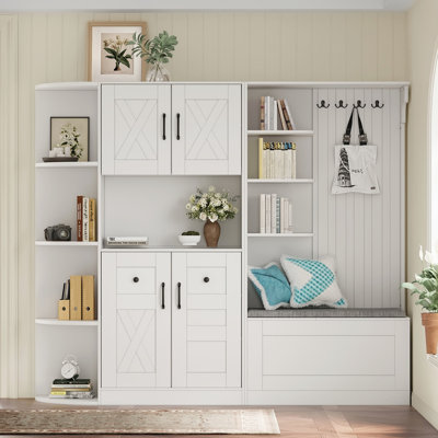 Armoire de vestibule multifonctionnelle de gauche à droite (peut être utilisée séparément) avec rangement et 4 crochets, armoire de rangement / arbre d'entrée 2 en 1 pour le salon, la cuisine et le couloir, bleu antique
