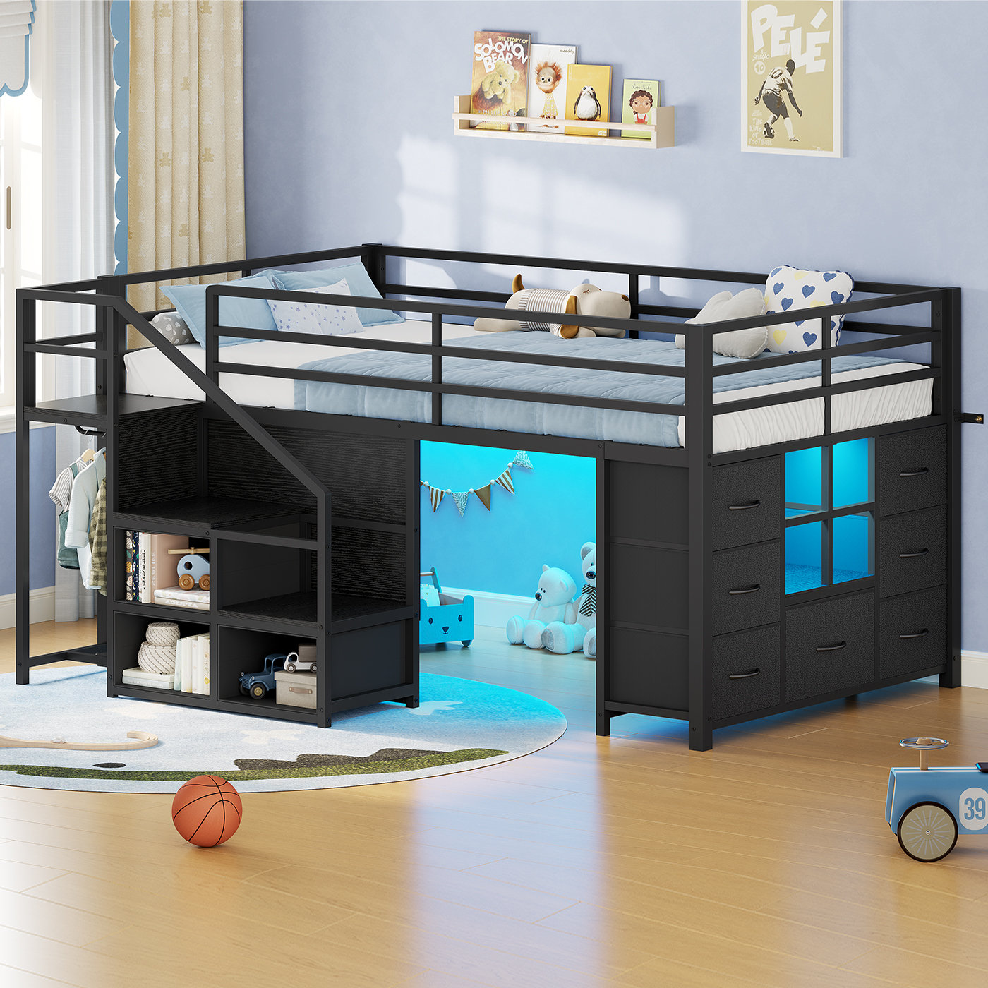 Wrought Studio™ Low Loft Bed With Led Lights, Twin Size Kids Loft Bed ...