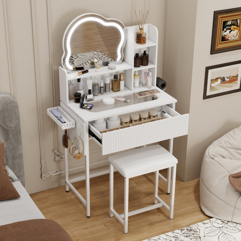 Deogilde Dressing Table with Cloud Shape Mirror, LED Lighted Makeup Vanity Desk with 5 Hooks, White