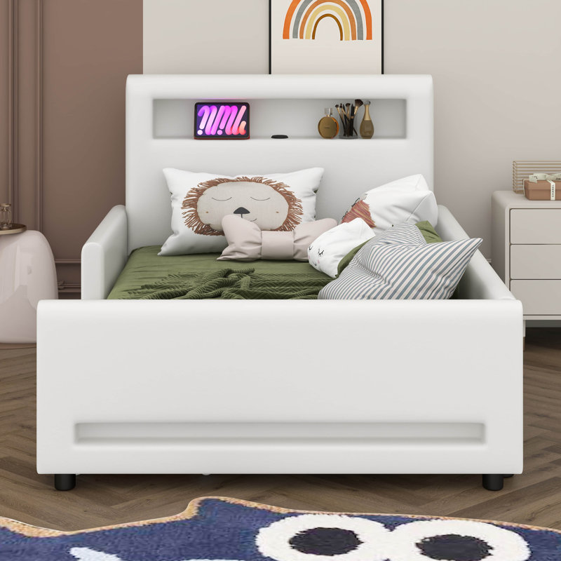 Lit plateforme tapissier avec tiroir, bande lumineuse à DEL et port USB, Lit simple, Blanc