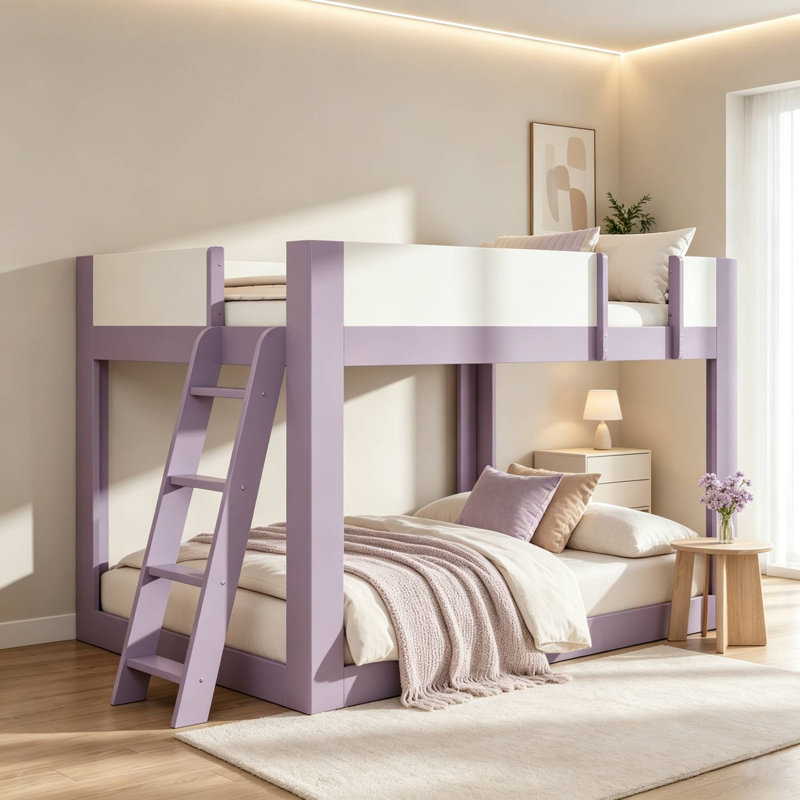 Lit superposé bas moderne à deux tons avec échelle réversible et garde-corps de sécurité, aucun sommier nécessaire, Purple