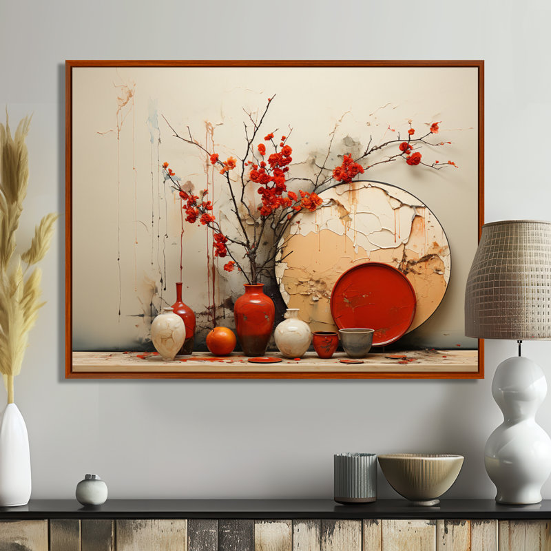 Vase rouge fleurs rouges séchées, Toile avec cadre flottant brun, H 30 po x l 40 po x P 1,5 po