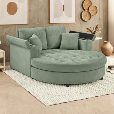 Curved 2-Seat Chaise Lounge Sofa Bed with Tufted Seat Cushion, Detachable Back Cushions, Built-In Armrest Storage and Pillows