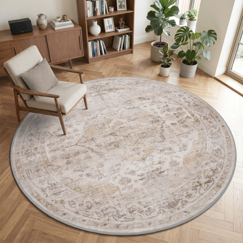 Beige Machine Washable Oriental Round Area Rug, Beige, Round 6'