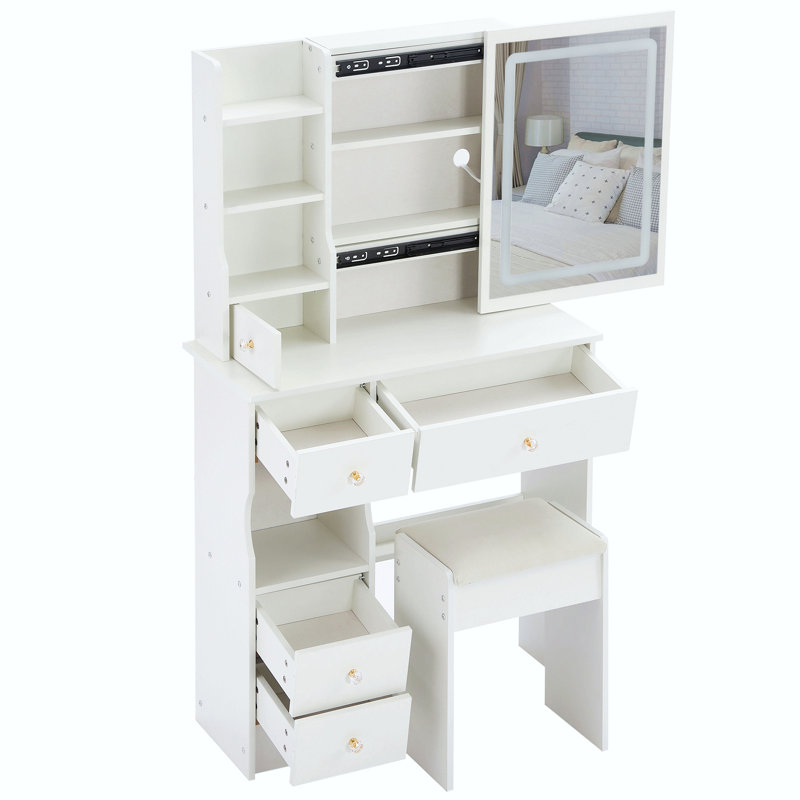 29.2" Small Size Left Drawer Desktop Vanity Table + Cushioned Stool, 2 Ac+2 Usb Power Station, Hair Dryer Bracket, Extra Large Touch Control Sliding Led Mirror, Tri-Color Switching, Brightness Adjust