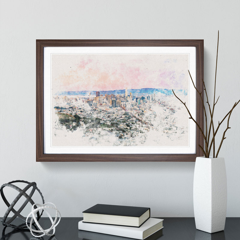 Evening Colours of San Francisco 1 Piece Single Picture Frame Painting on MDF, 36cm H x 48cm W x 2cm D, Walnut Framed