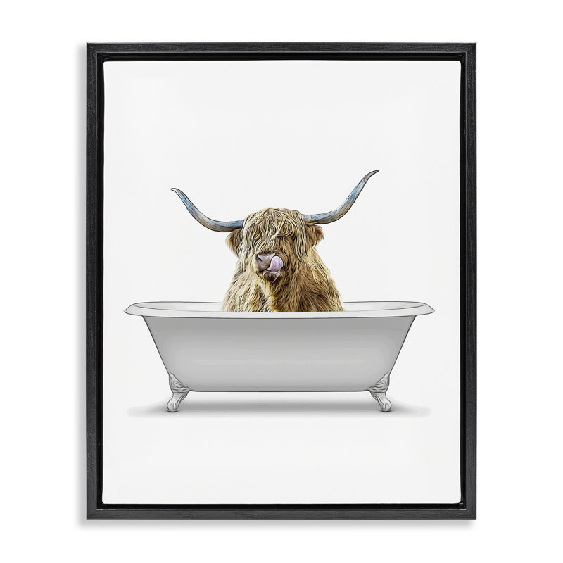  Art mural encadré traditionnel "Longhorn in Bath" par Annalisa Latella, H 21 po x l 17 po, Cadre flottant noir de jais