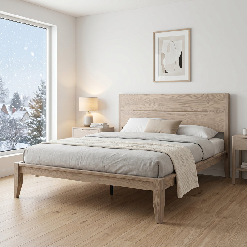 Arvion Queen Size Transitional Modern Solid Wood Platform Bed Frame, ARB-43-Q, with Panel Headboard & Japanese Joinery, Driftwood Beige, No Box Spring Needed