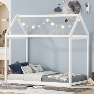 Twin Size Wooden House Bed With Pine & Mdf Frame, Playhouse Floor Bed For Kids, Low Profile Design For Easy Access, No Box Spring Needed
