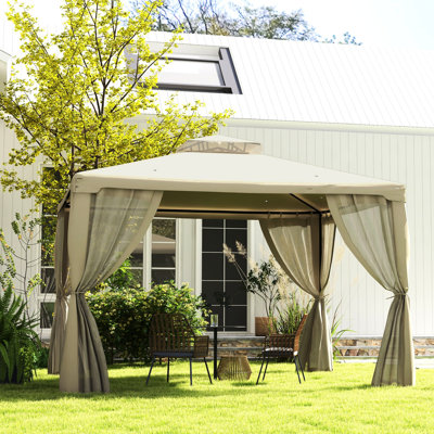 Pavillon de jardin extérieur 9,6 pi x 11,6 pi, blanc crème, 2 auvents avec filet, pour jardin, pelouse, cour, terrasse, protection, auvent blanc