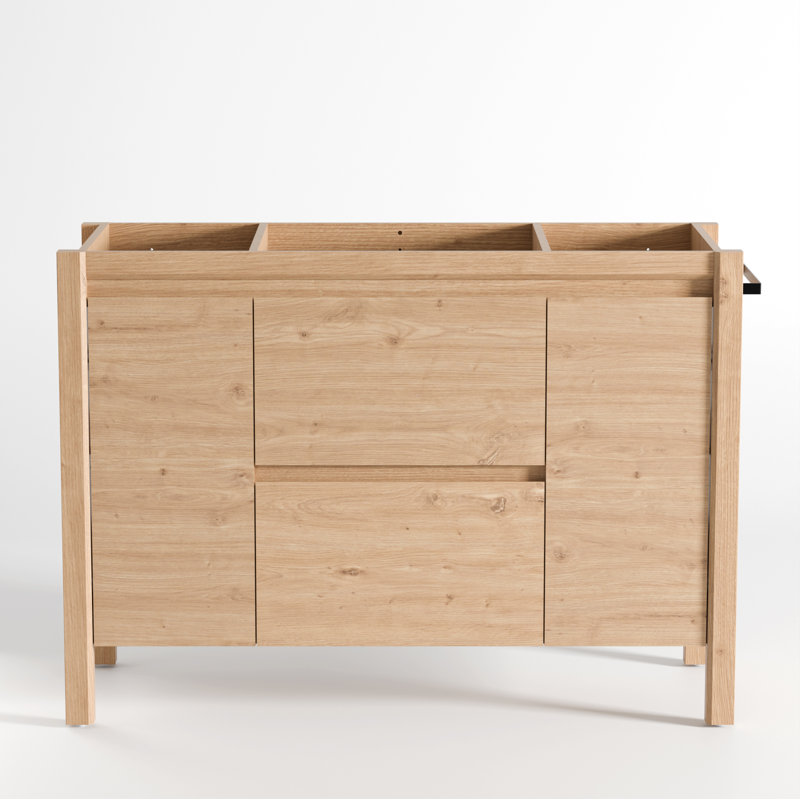 Meuble-lavabo double autoportant de style ferme moderne de 48 pouces, base seulement, revêtement texturé bois, pieds droits apparents