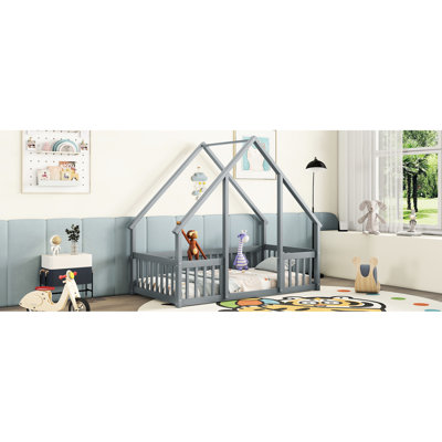 Lit simple en bois avec garde-corps, clôture en gris - offre une option de sommeil relaxante