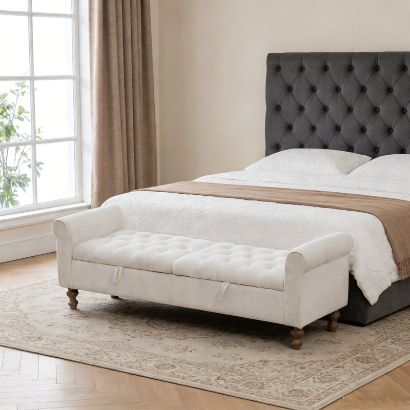 65.75" Wide Upholstered Storage Bench, Beige
