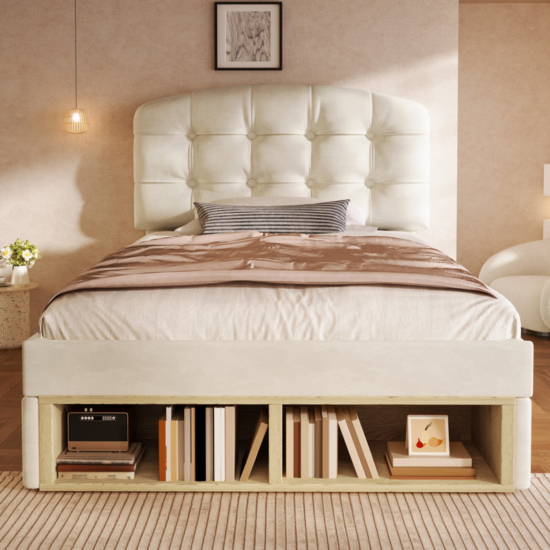 Estella Beige Velvet Upholstered 5Ft King Bed With Storage Compartments And Drawers With Adjustable Headboard,150 X 200 Cm (No Mattress)