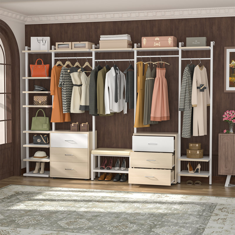 68"-96" Closet Organizer With 6-Drawers,4 Clothing Rack, Beige Wood