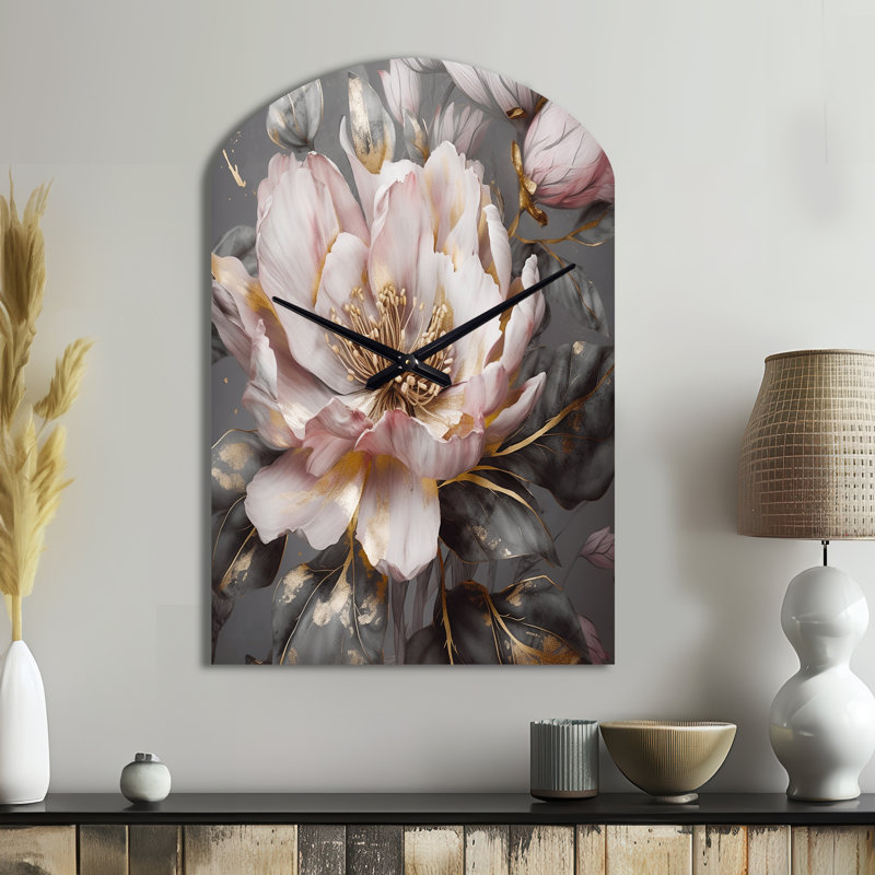 Horloge murale pivoines roses et roses en fleurs III - forme d'arche, Grand