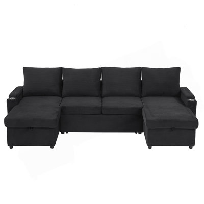 Convertible U-Shaped Sectional Sofa Bed With Storage, USB Ports, Cup Holders, And Dual Chaise Lounges For Modern Living.