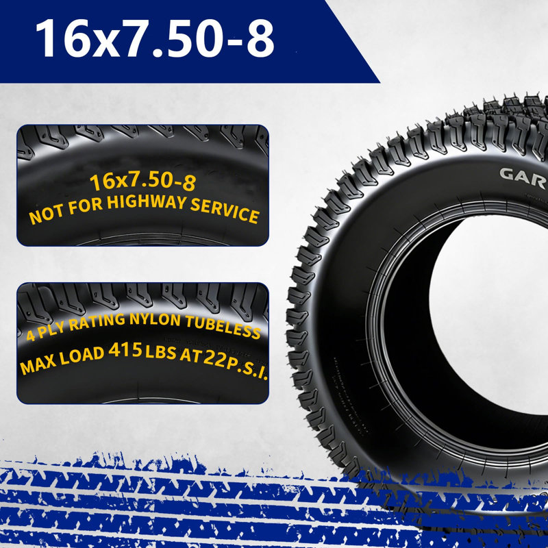 16x7.50-8 Lawn Mower Tires Set of 2, 4 Ply Tubeless Turf Tires 16/7.50-8, 415 LBS Capacity for Garden Tractor & Cart, NOT for Highway Service