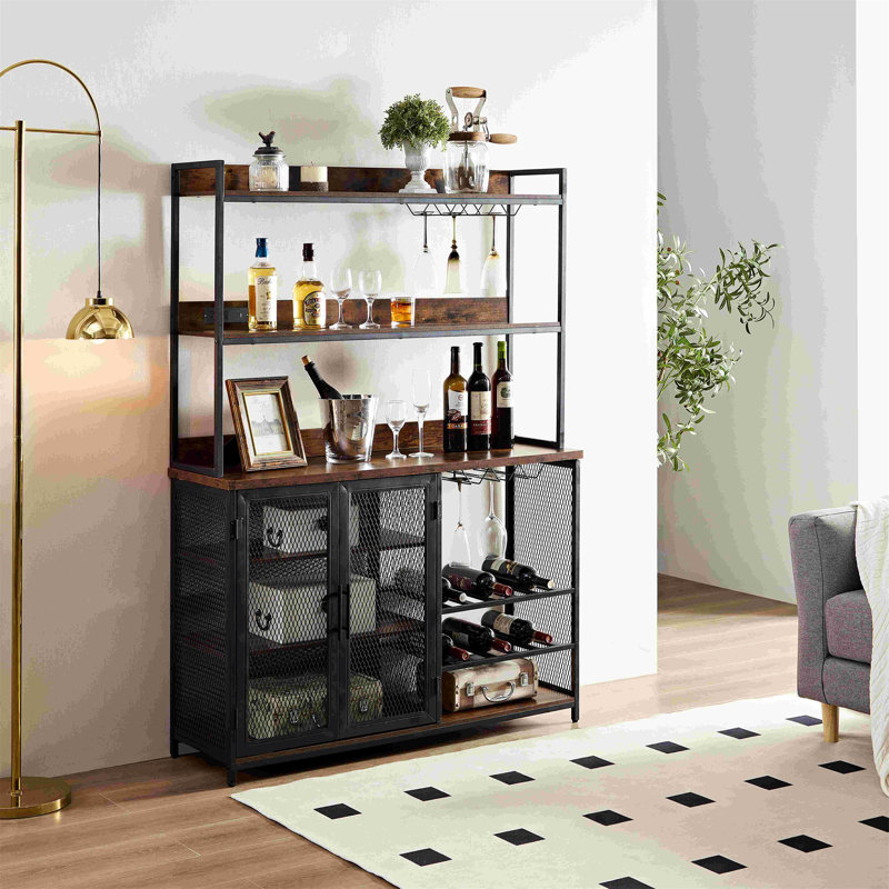 Armoire-bar à café à 3 niveaux avec prise de courant, bande DEL et support en verre pour les cuisines modernes