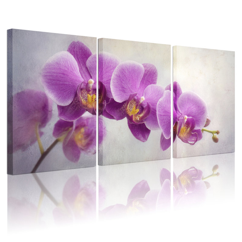 Ensemble de 3 tableaux muraux sur toile à motif floral d'orchidées violettes, H 30 po x l 60 po
