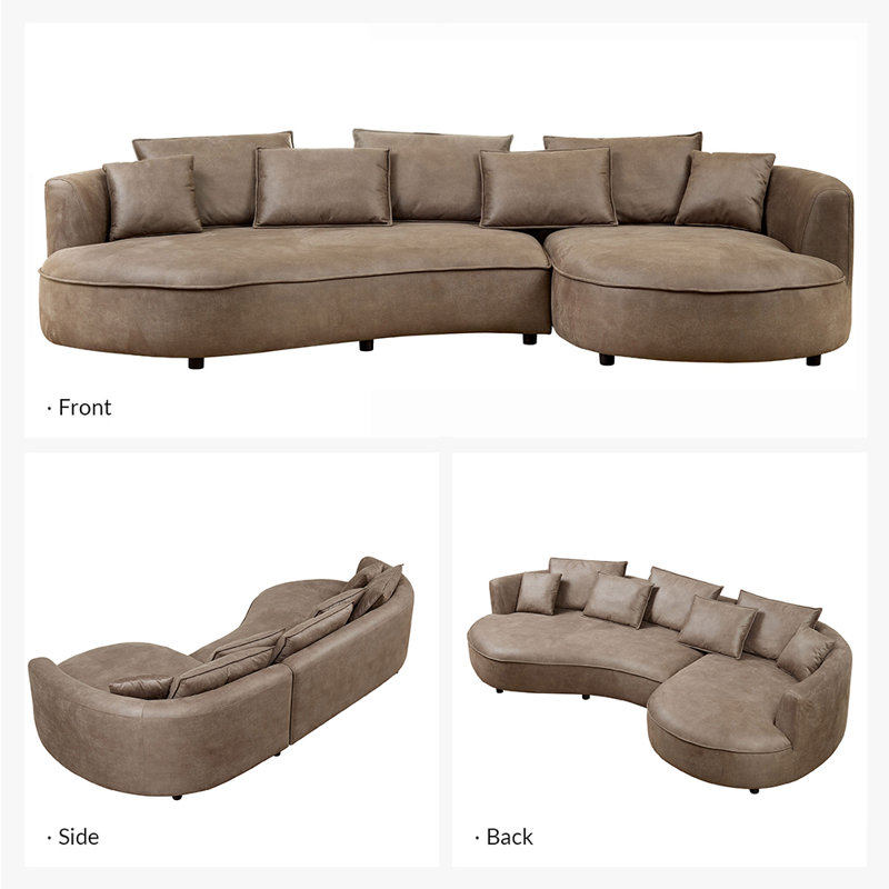 Lakera 128“ Modern Faux Leather Sectional Curved Sofa with Right Chaise, Upholstered Brown Leathaire Couch, Leather Sectional Sofas