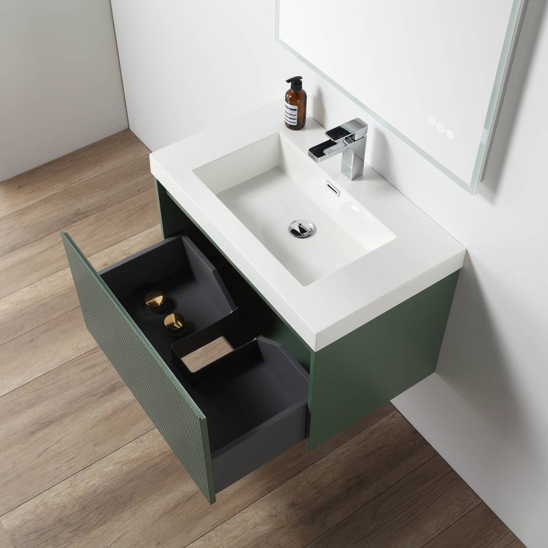 Ledell 30'' Wall-Mounted Bathroom Vanity with Acrylic Sink and Side Cabinet – Fluted Front, Soft-Close Drawers