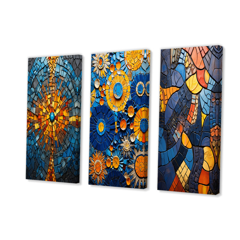 Carreaux de mosaïque jaune et bleu I - Boho, H 28 po x l 36 po, Toile tendue