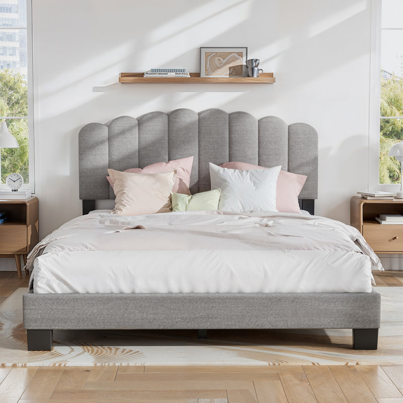 Dhugan Low Profile Linen Platform Bed Frame with Adjustable Headboard, Queen