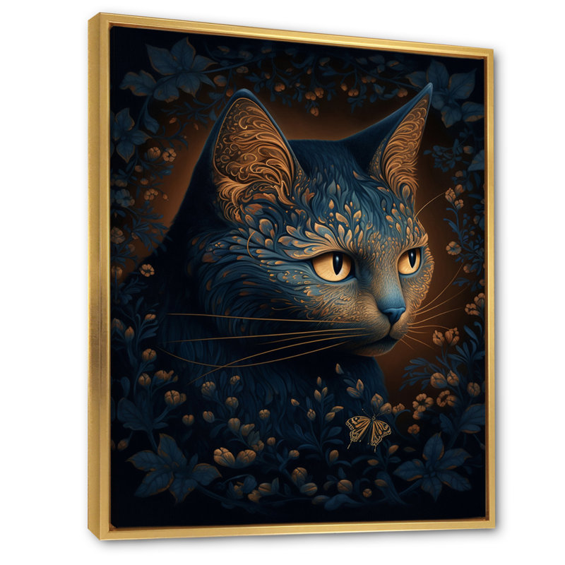 Chat rétro bleu parmi des fleurs I, H 32 po x l 24 po x P 1 po, Cadre flottant doré