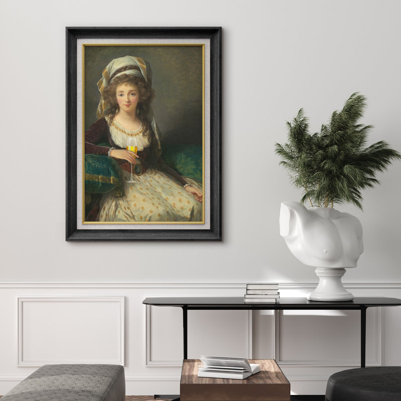 «Femme avec un verre de champagne» sur, H 36 po x l 26 po, Black Premium Framed