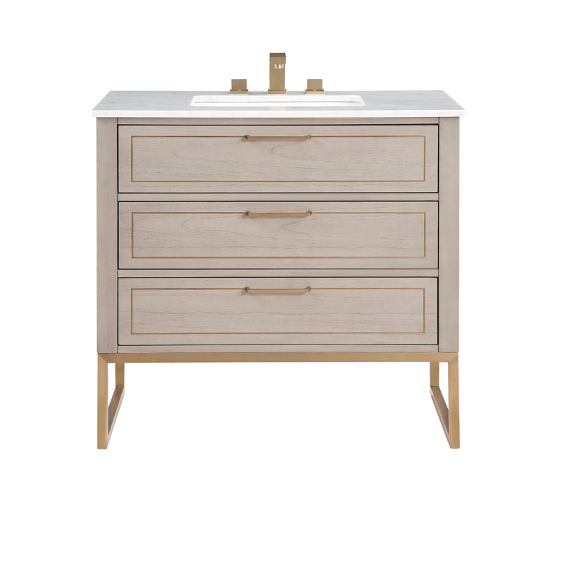 Markham 36'' W Single Vanity, Satin Brass, Cashmere Gray, Carrara Marble