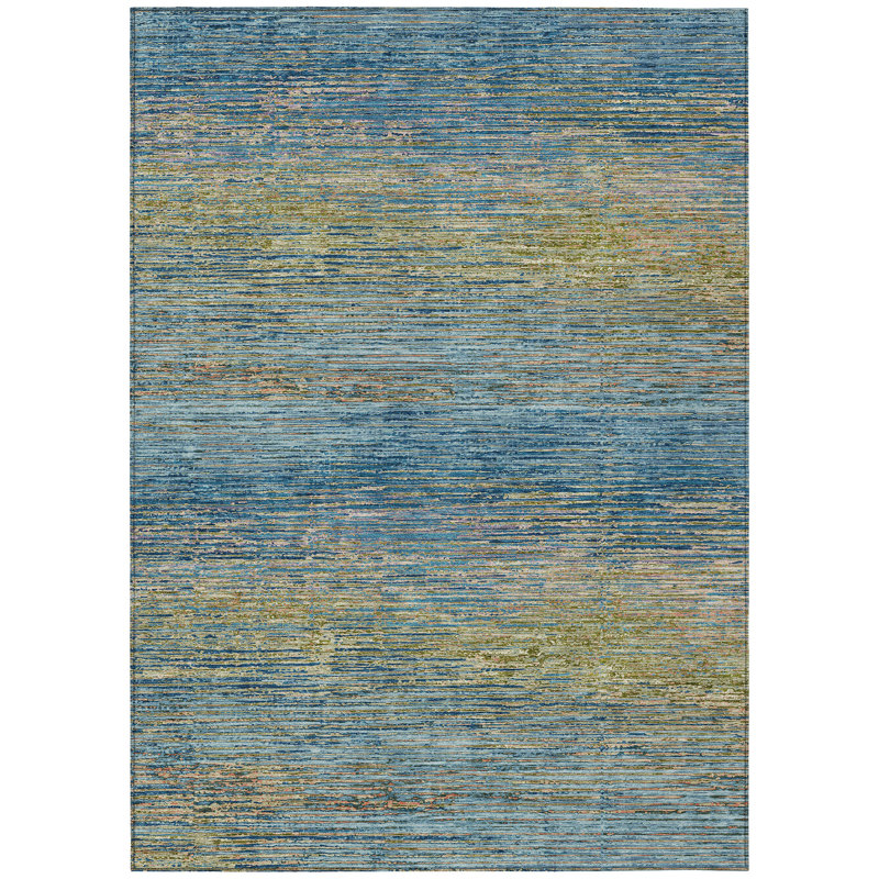Denim Blue Synthetic Flat Woven Washable Striped Rug 46" x 30"