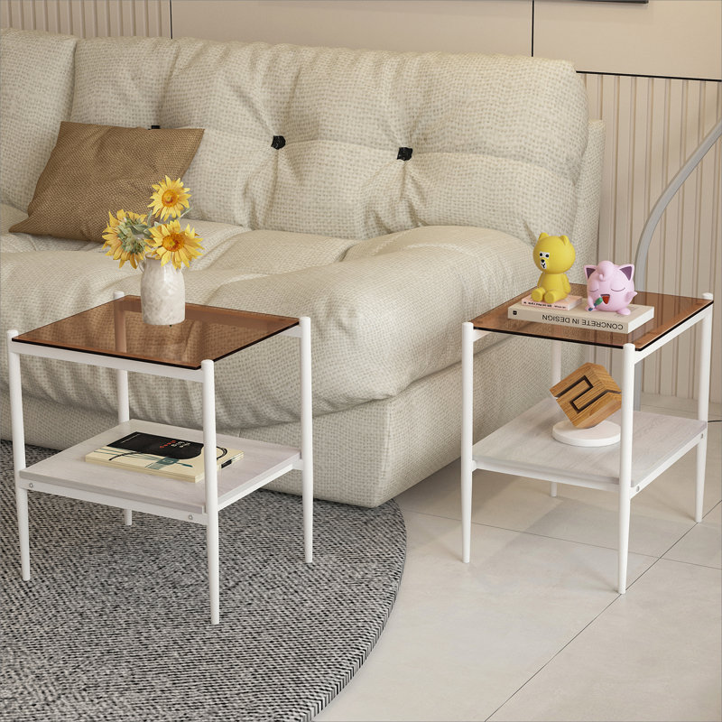 Ensemble de 2 tables de bout rectangulaires, plateau en verre trempé avec panneau de fibres à densité moyenne, table de salon moderne