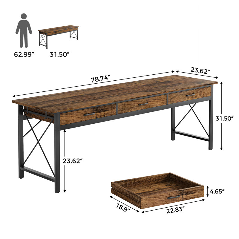 Tayesha 78.74'' W Double Computer Desk, Two Person Desk with 3 Drawers & 4 Hooks, Light Brown