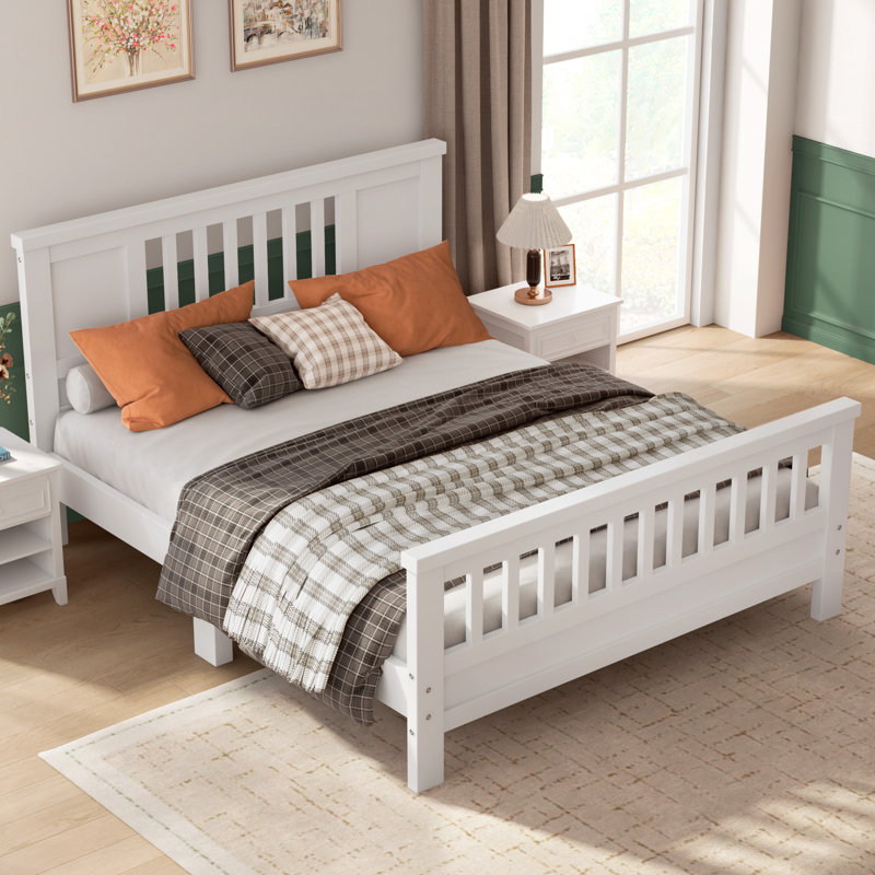 Full Size Solid Wood Platform Bed For Teens Adults, Bed Frame With Headboard, Wood Slats Support, No Box Spring Needed, White
