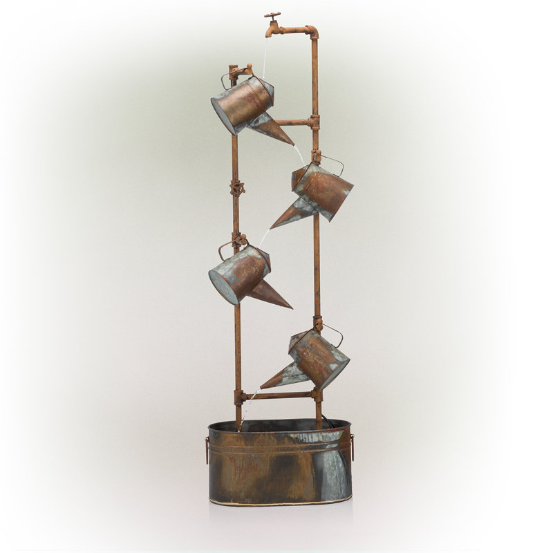 Rustic Silver Tiered Watering Can Floor Fountain