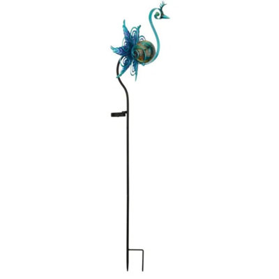 48" Metal and Glass Swirl Solar Garden Stake with Decorative Animal Figurine and Automatic LED Illumination