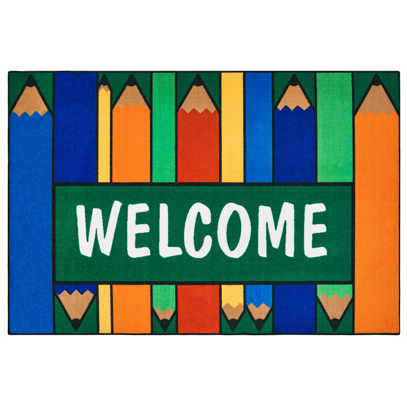 Tapis bleu / vert / orange touffeté antidérapant Welcome Classroom, Rectangle 4 pi x 6 pi