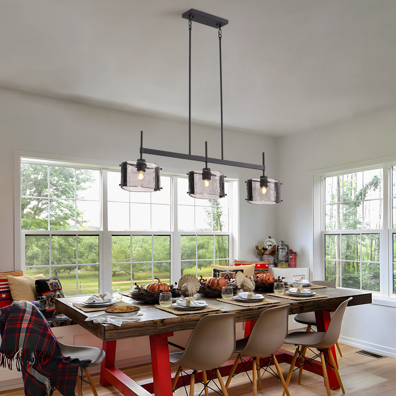 3-Light Linear Kitchen Island Pendant with Textured Water Glass Shades and Adjustable Rod