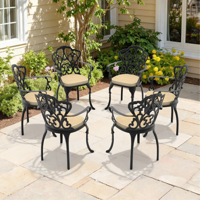 Chaise de patio en fonte d'aluminium 6 pièces avec structure et coussins noirs